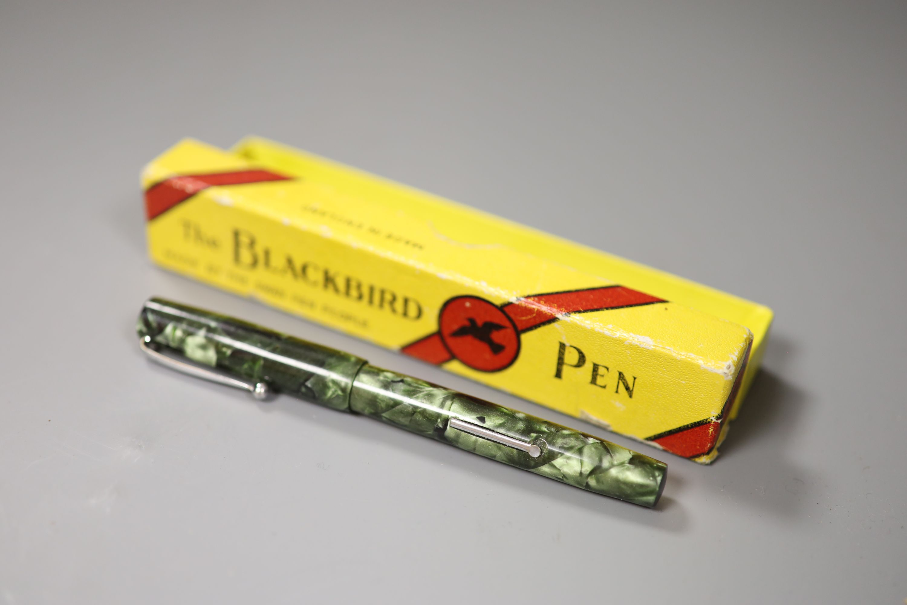 A Parker Duofold fountain pen, a Pelikan fountain pen and a Blackbird fountain pen